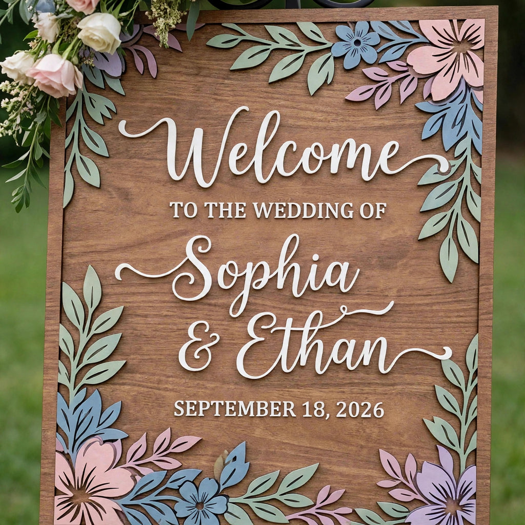 Rustic Wedding Welcome Sign, Personalized Wooden Board, Pastel Floral Decor