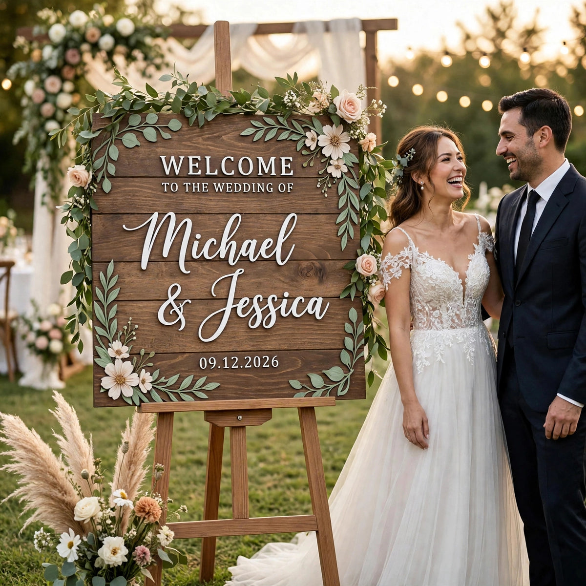 Rustic Wedding Welcome Sign, Personalized Wooden Board, Ivory Flower Plaque