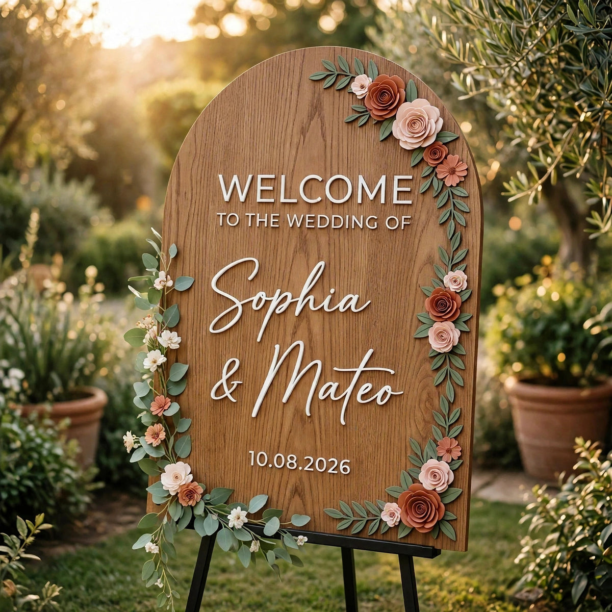 Rustic Wedding Welcome Sign, Personalized Wood Board, Terracotta Floral Decor