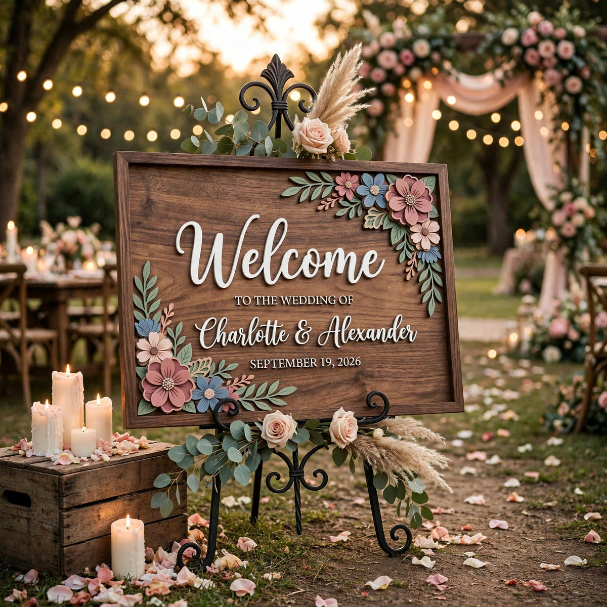 Rustic Wedding Welcome Sign, Personalized Wooden Board, Boho Flower Decor