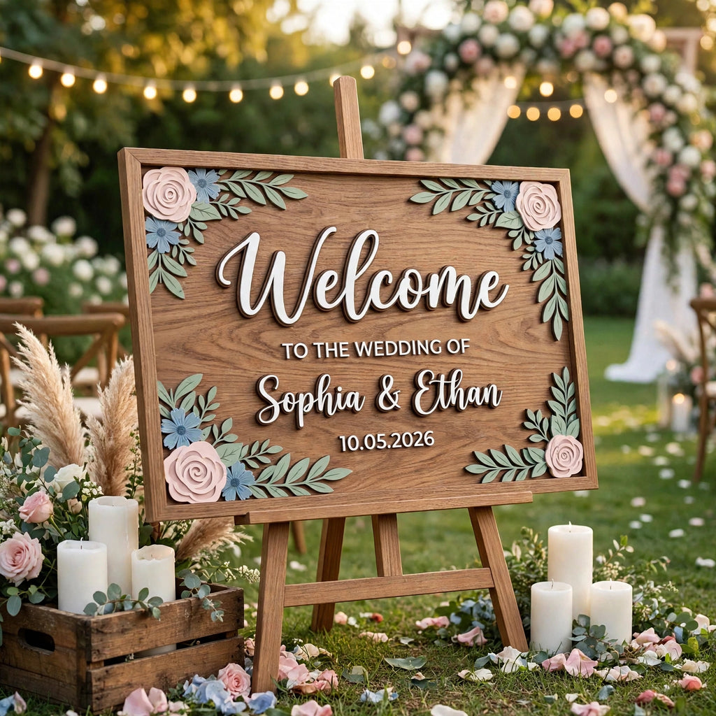Rustic Wedding Welcome Sign, Personalized Wooden Board, Floral Decor