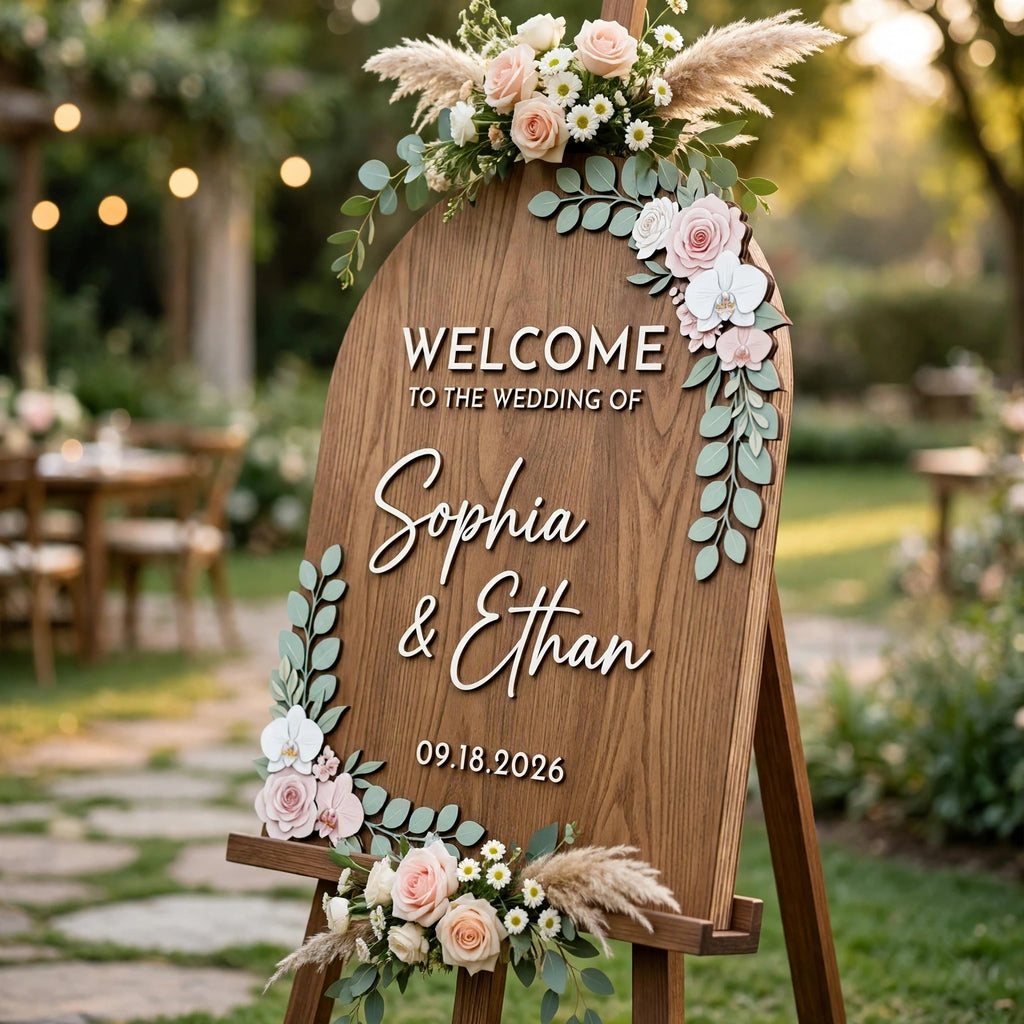Rustic Wedding Welcome Sign, Personalized Wooden Board, Floral Decor