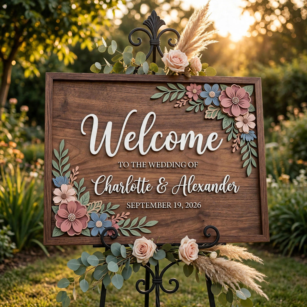 Rustic Wedding Welcome Sign, Personalized Wooden Board, Boho Flower Decor
