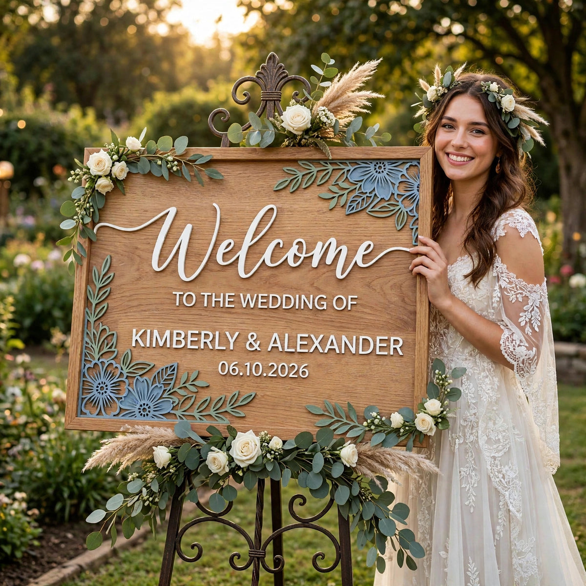 Rustic Wedding Welcome Sign, Personalized Wooden Board, Blue Floral Decor