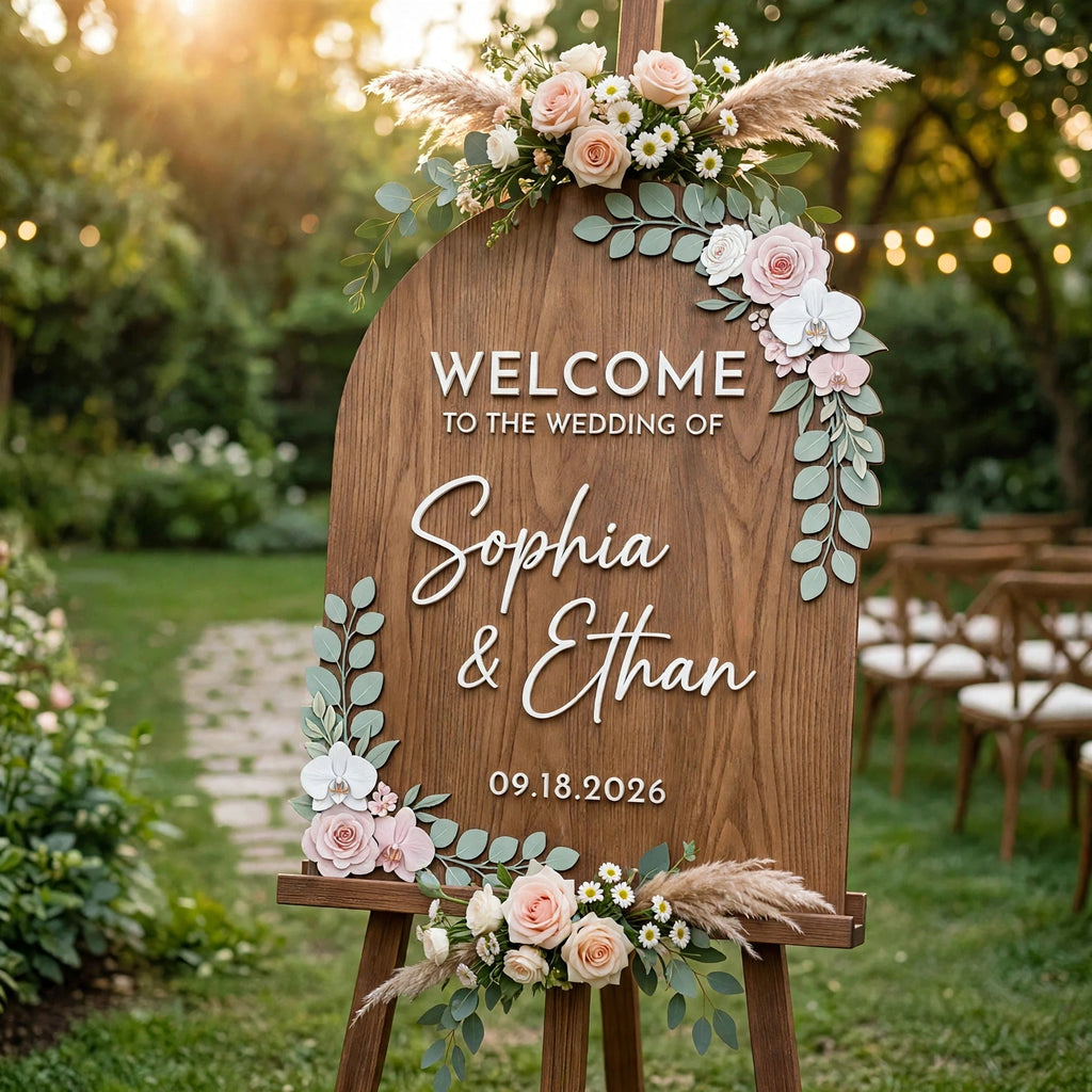 Rustic Wedding Welcome Sign, Personalized Wooden Board, Floral Decor