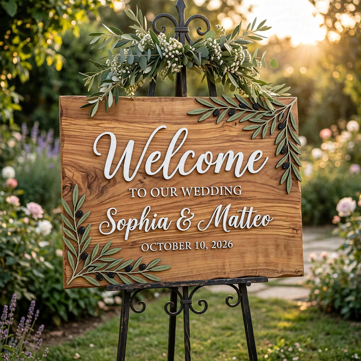 Rustic Wedding Welcome Sign, Personalized Wooden Board, Olive Branch Decor