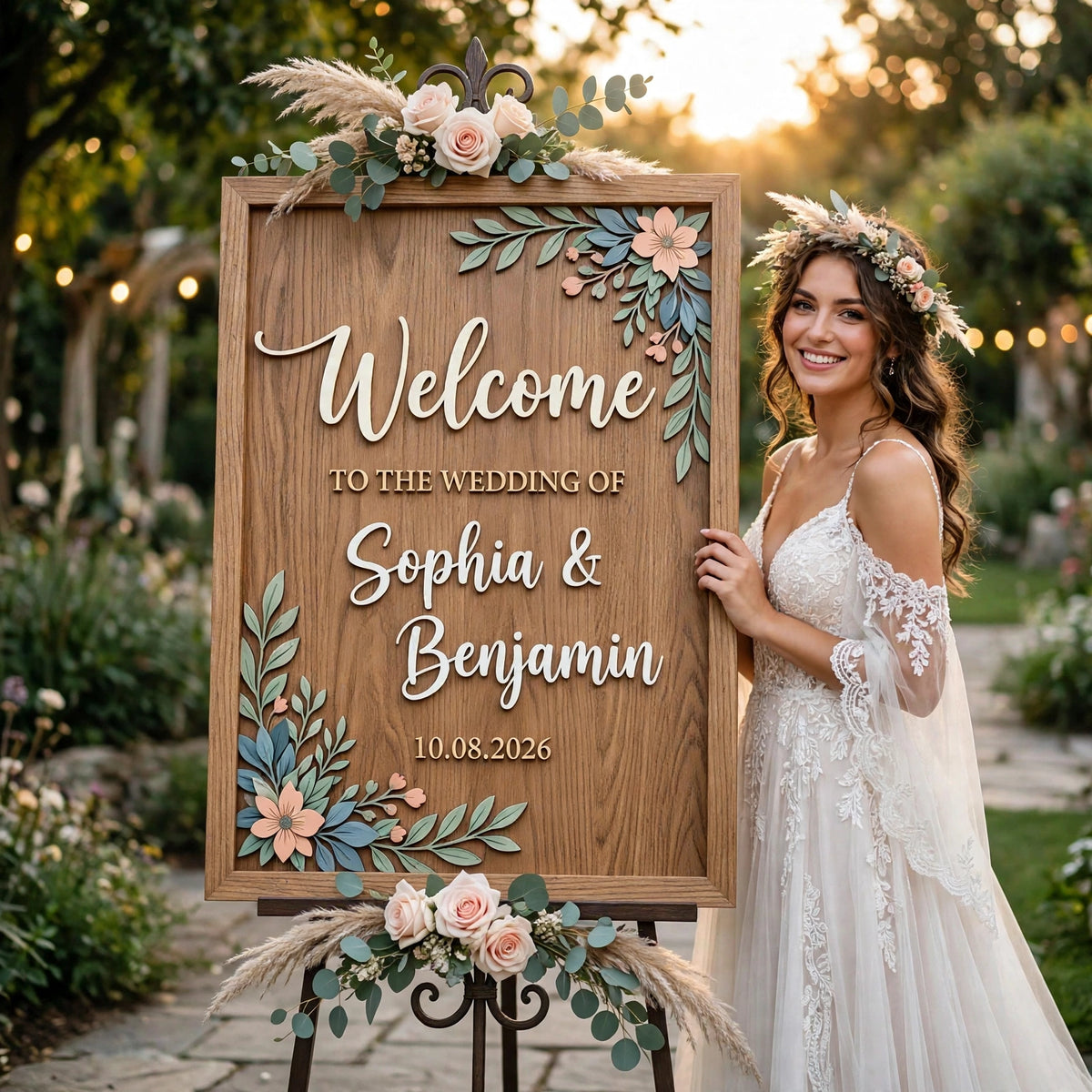 Rustic Wedding Welcome Sign, Personalized Wooden Board, Peach Blue Flower Decor