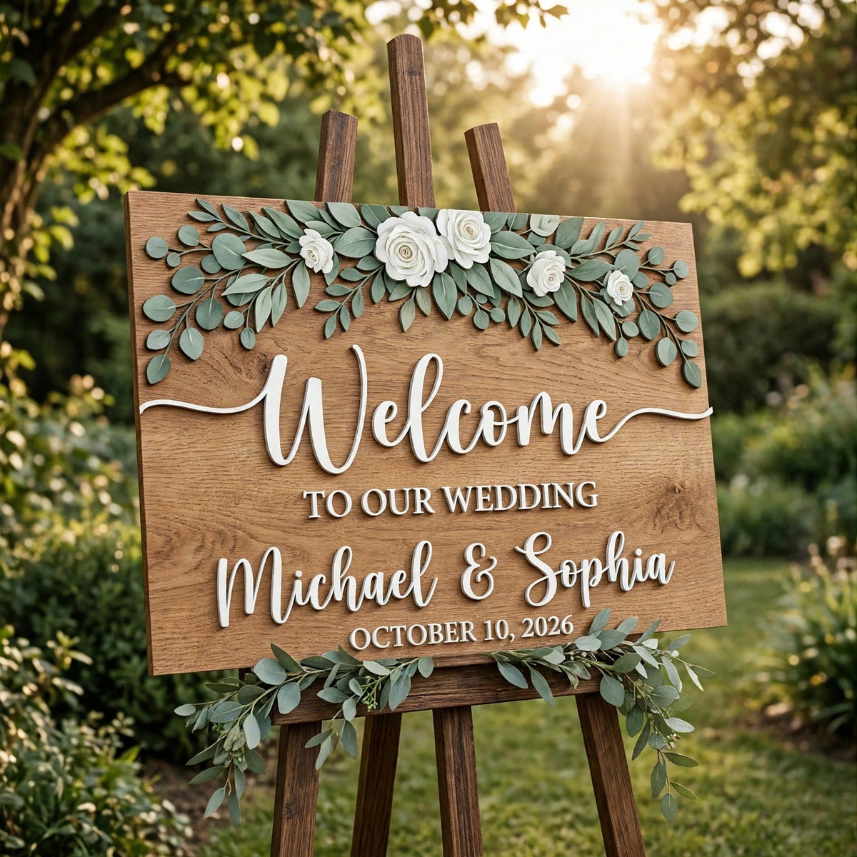 Rustic Wedding Welcome Sign,  Personalized Ceremony Plaque With Top Floral Garland