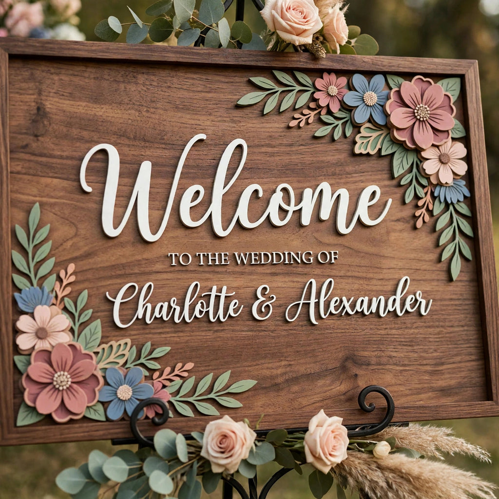 Rustic Wedding Welcome Sign, Personalized Wooden Board, Boho Flower Decor