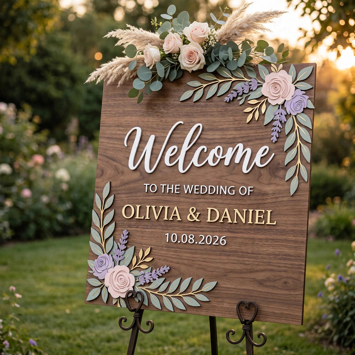 Rustic Wedding Welcome Sign, Personalized Wooden Board, Lavender Blush Rose Floral Decor