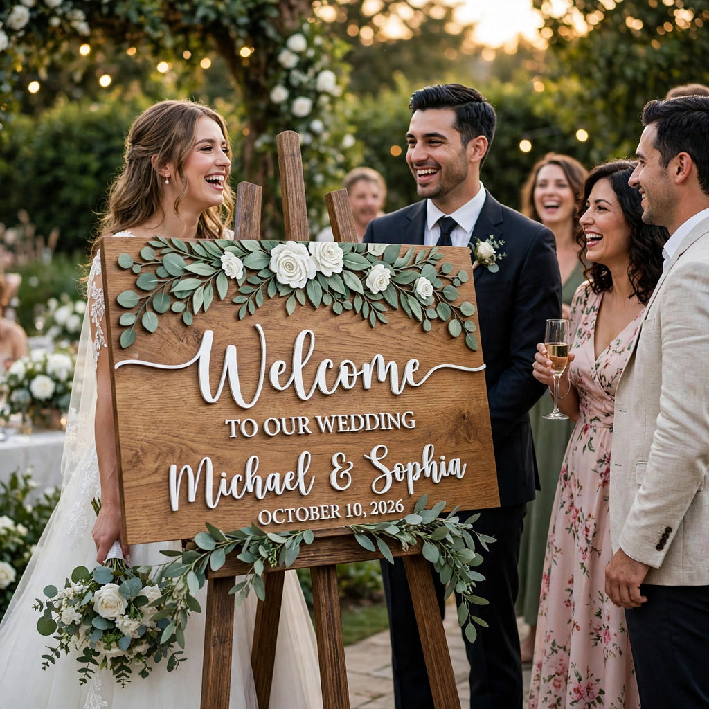 Rustic Wedding Welcome Sign,  Personalized Ceremony Plaque With Top Floral Garland