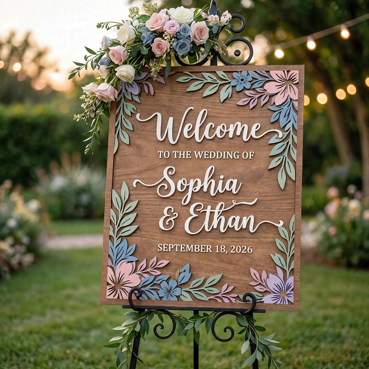 Rustic Wedding Welcome Sign, Personalized Wooden Board, Pastel Floral Decor