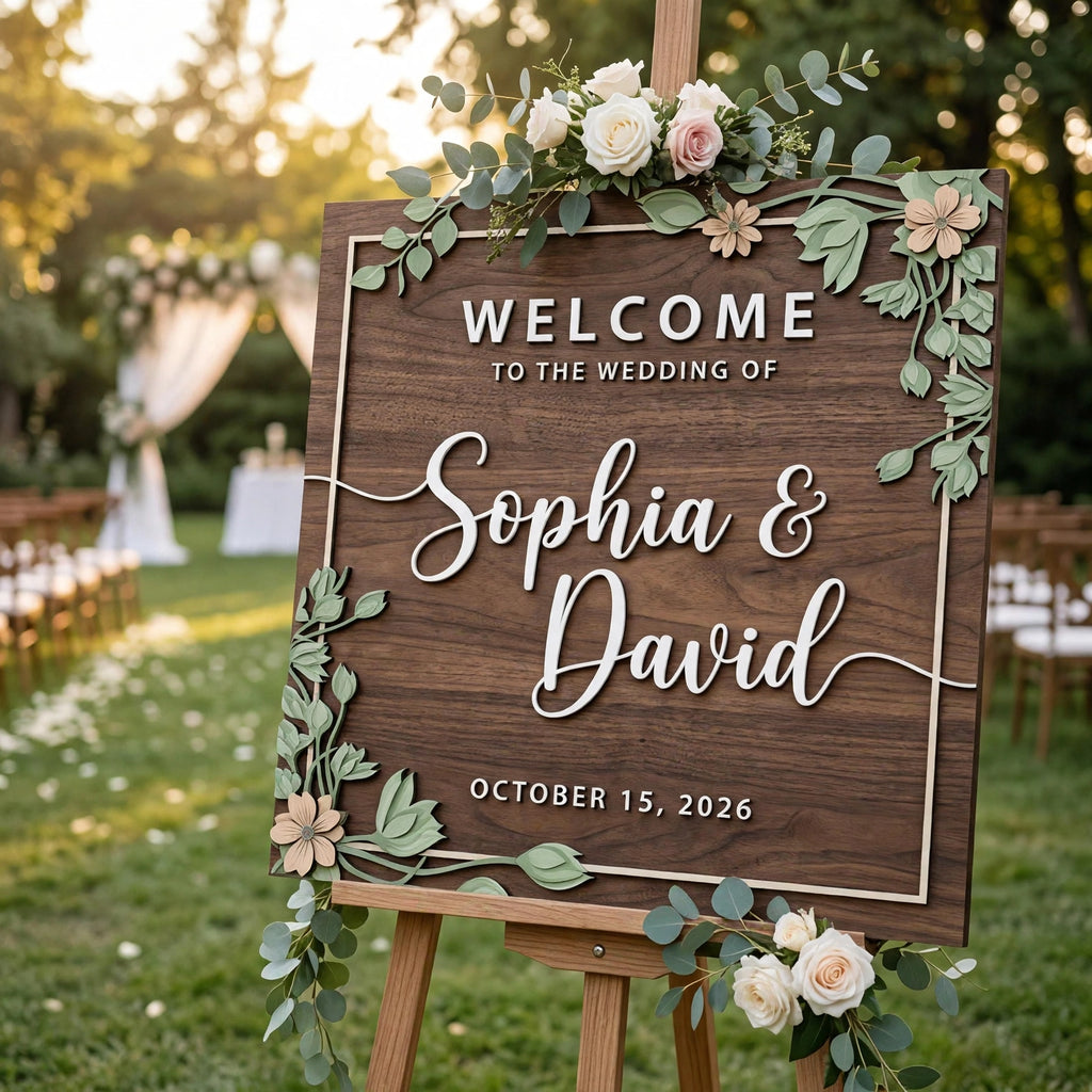 Rustic Wedding Welcome Sign, Personalized Wooden Board, Sage Green Leafy Decor