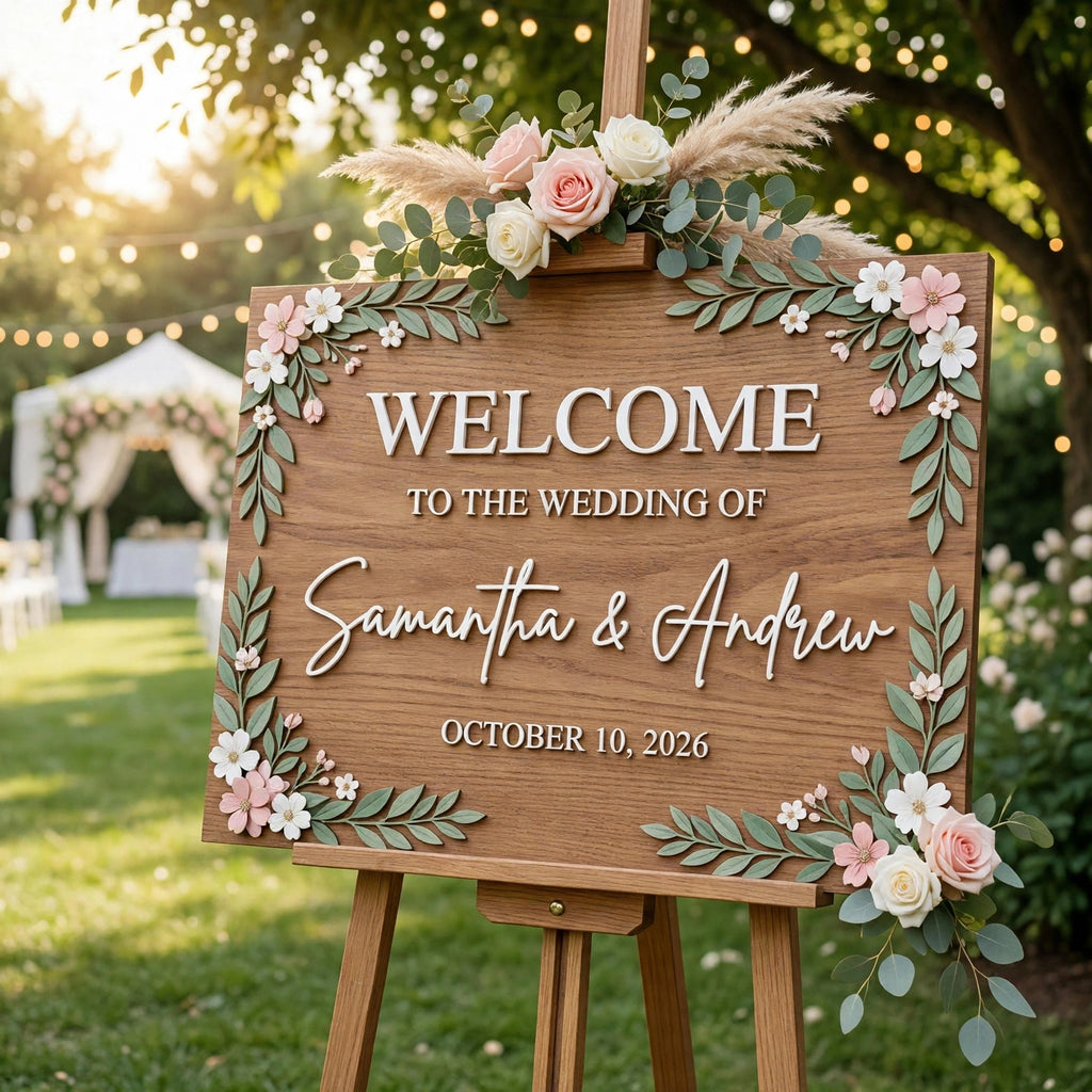 Rustic Wedding Welcome Sign, Personalized Wooden Board, Floral Corner Entrance