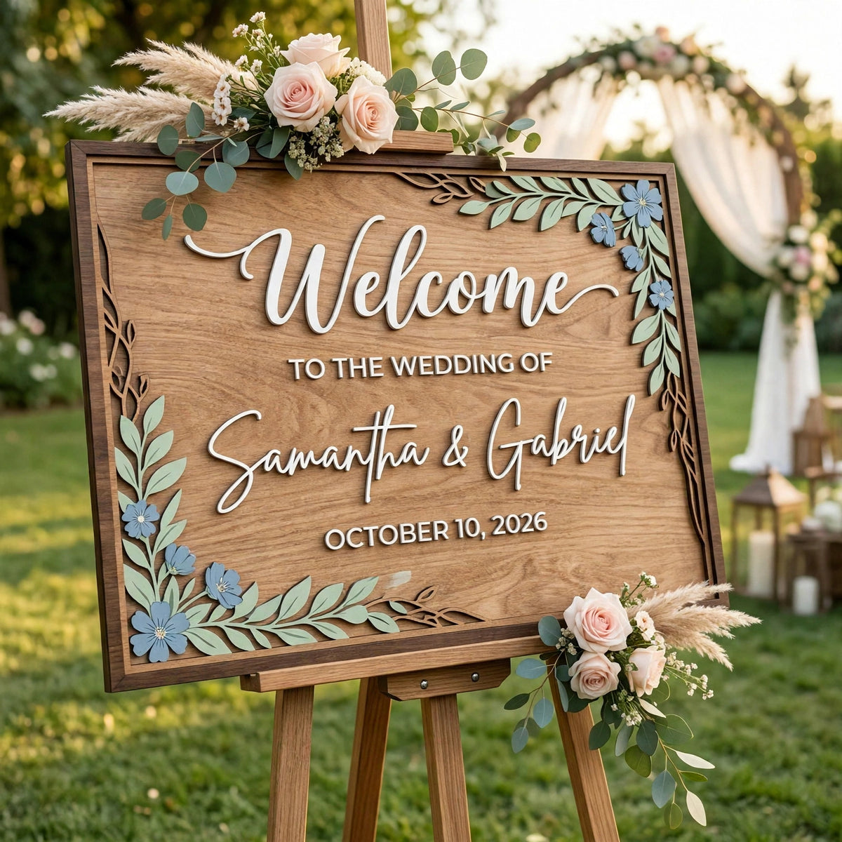 Rustic Wedding Welcome Sign, Personalized Wooden Board, Blue Floral Decor