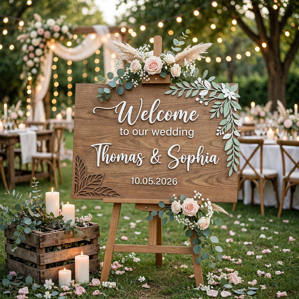 Rustic Wedding Welcome Sign, Personalized Wooden Board, Eucalyptus Leaf Decor