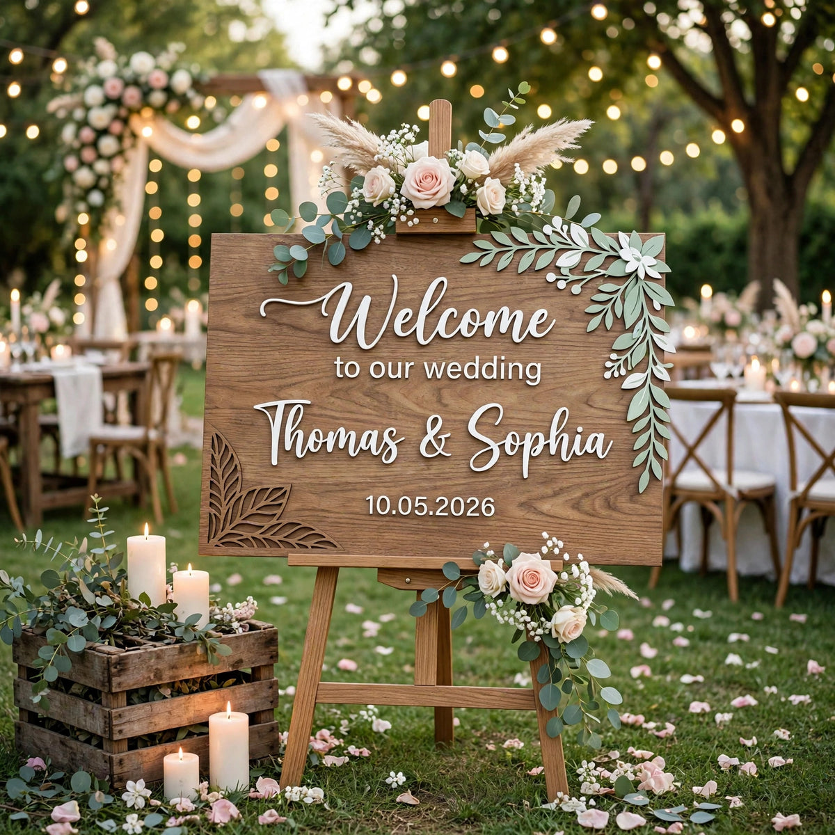 Rustic Wedding Welcome Sign, Personalized Wooden Board, Eucalyptus Leaf Decor
