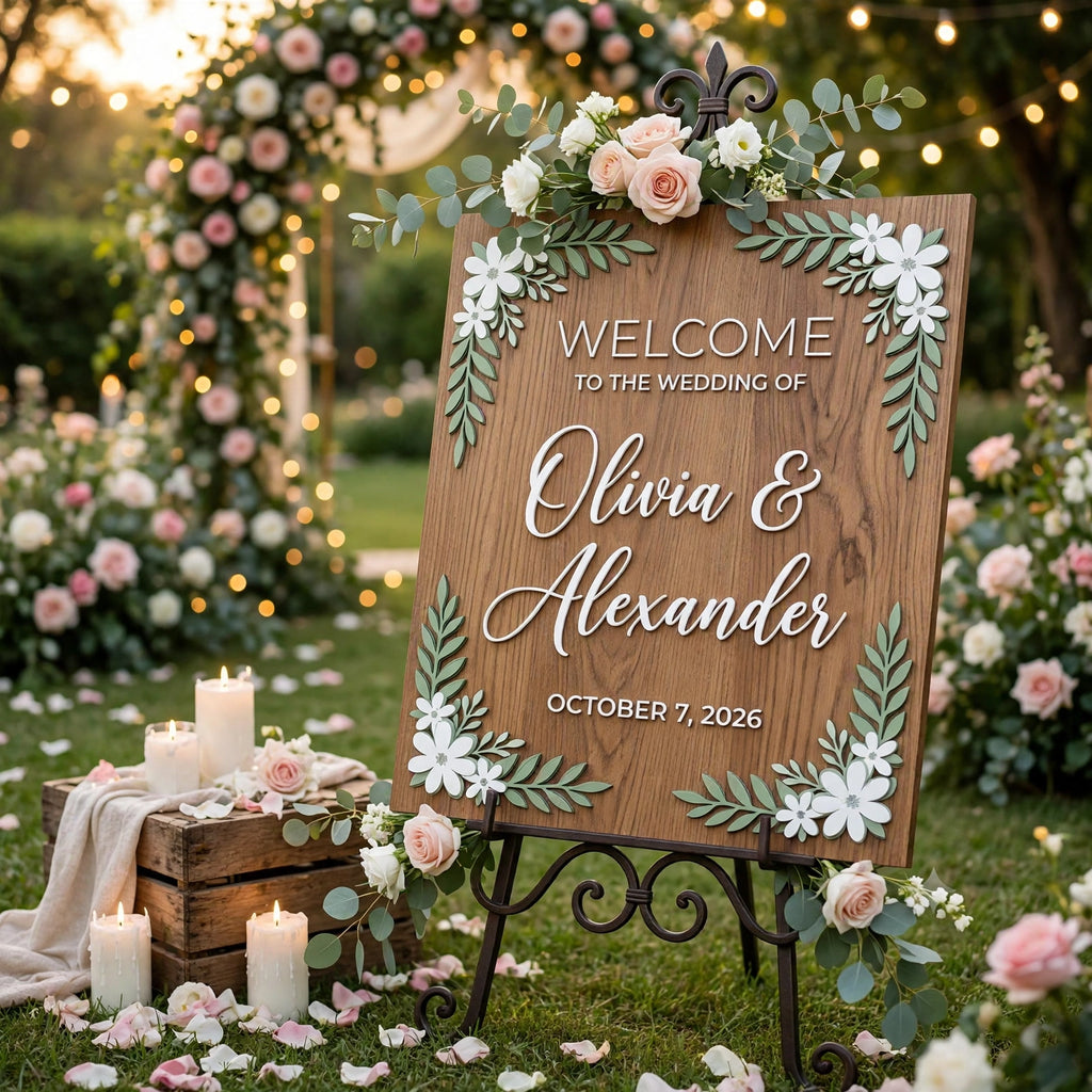 Rustic Wedding Welcome Sign, Personalized Wooden Board, White Floral Decor