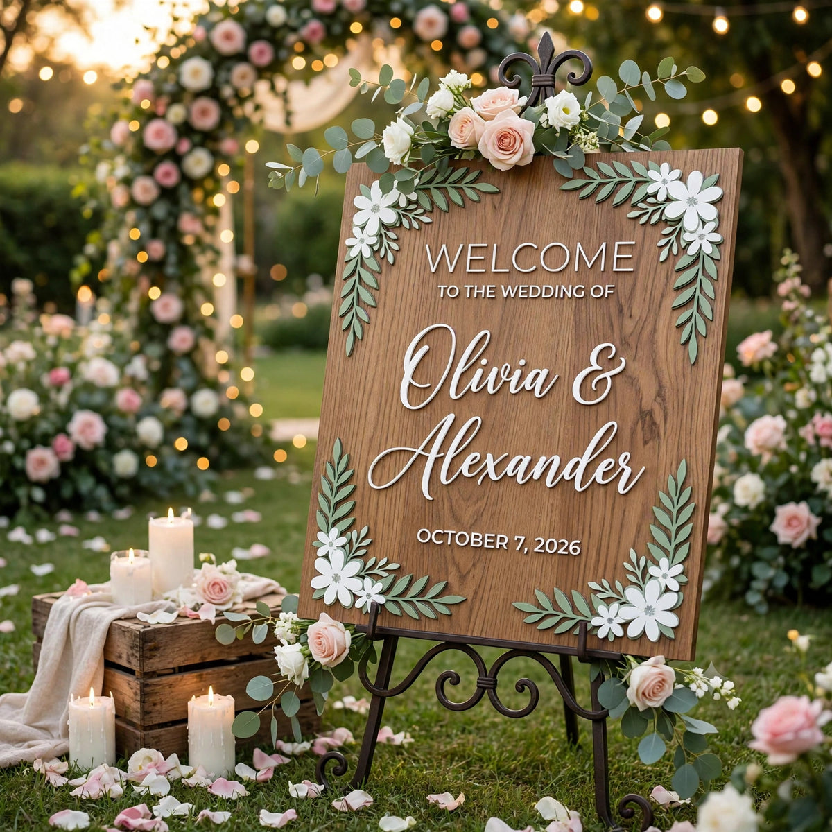 Rustic Wedding Welcome Sign, Personalized Wooden Board, White Floral Decor