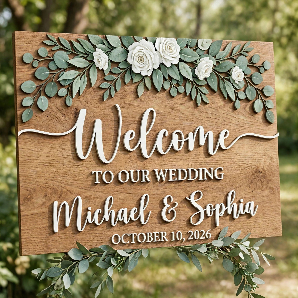 Rustic Wedding Welcome Sign,  Personalized Ceremony Plaque With Top Floral Garland