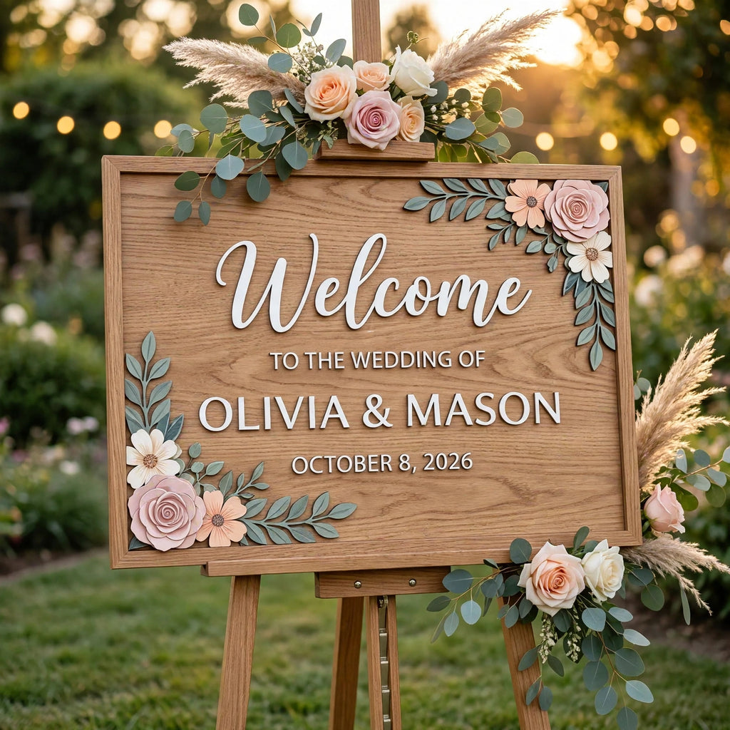 Rustic Wedding Welcome Sign, Personalized Wooden Board, Boho Floral Decor