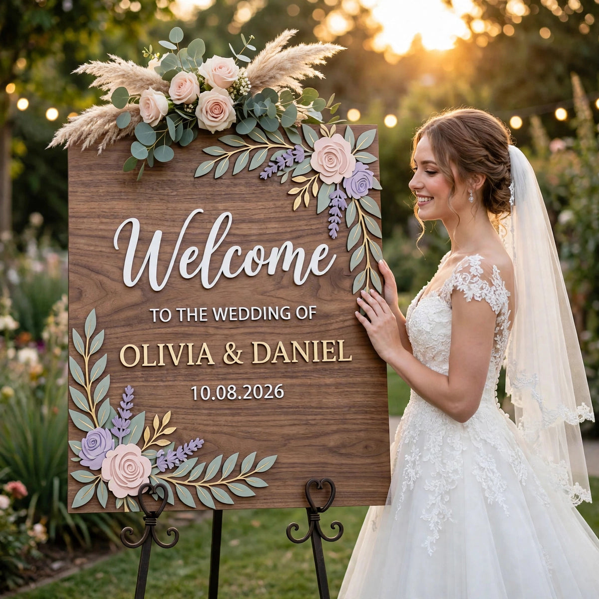 Rustic Wedding Welcome Sign, Personalized Wooden Board, Lavender Blush Rose Floral Decor