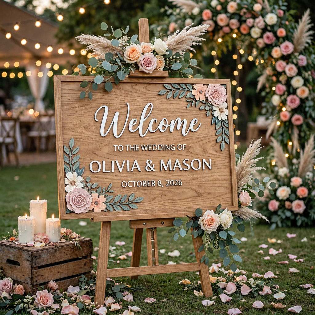 Rustic Wedding Welcome Sign, Personalized Wooden Board, Boho Floral Decor