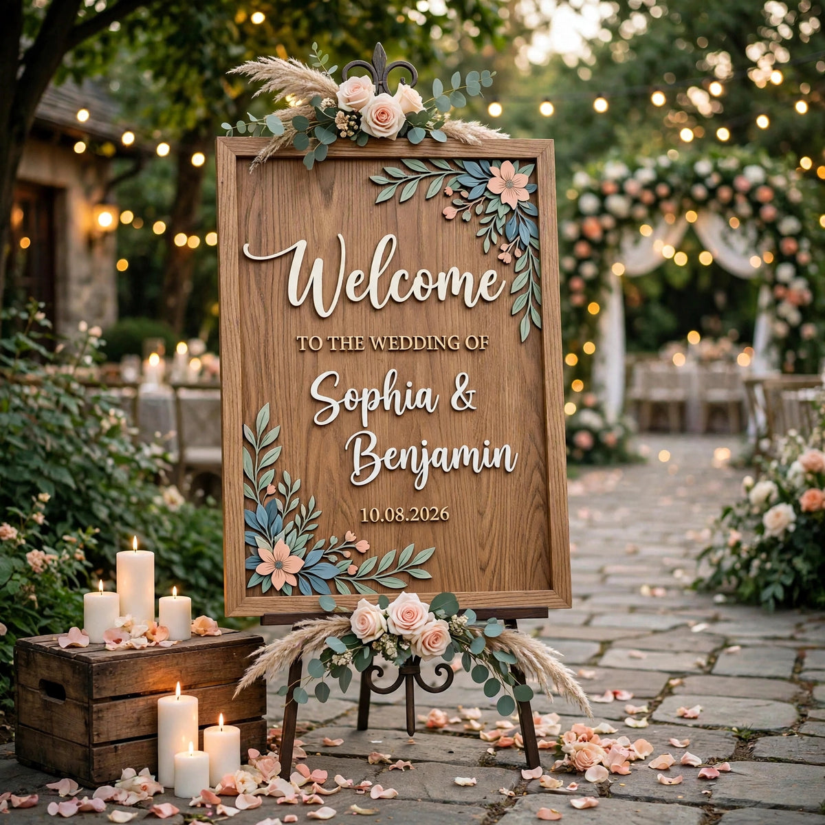 Rustic Wedding Welcome Sign, Personalized Wooden Board, Peach Blue Flower Decor