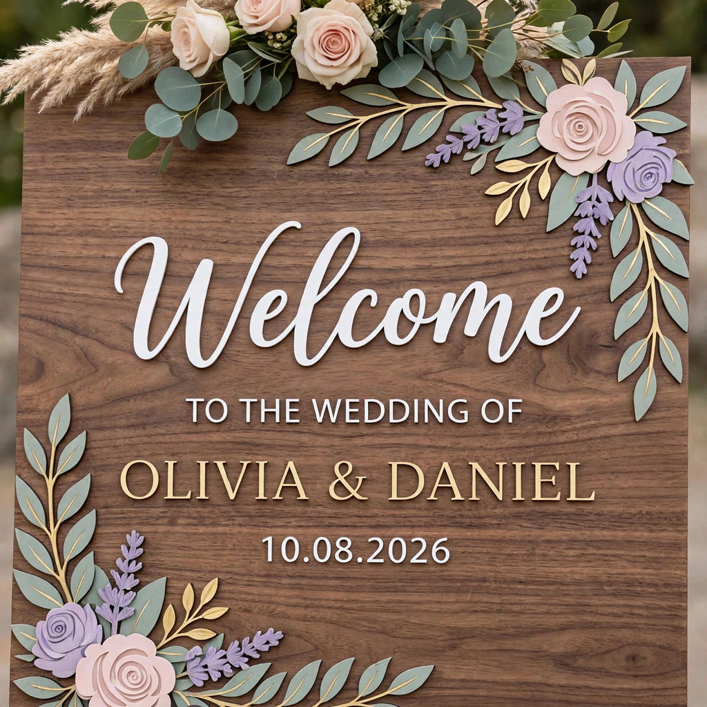 Rustic Wedding Welcome Sign, Personalized Wooden Board, Lavender Blush Rose Floral Decor