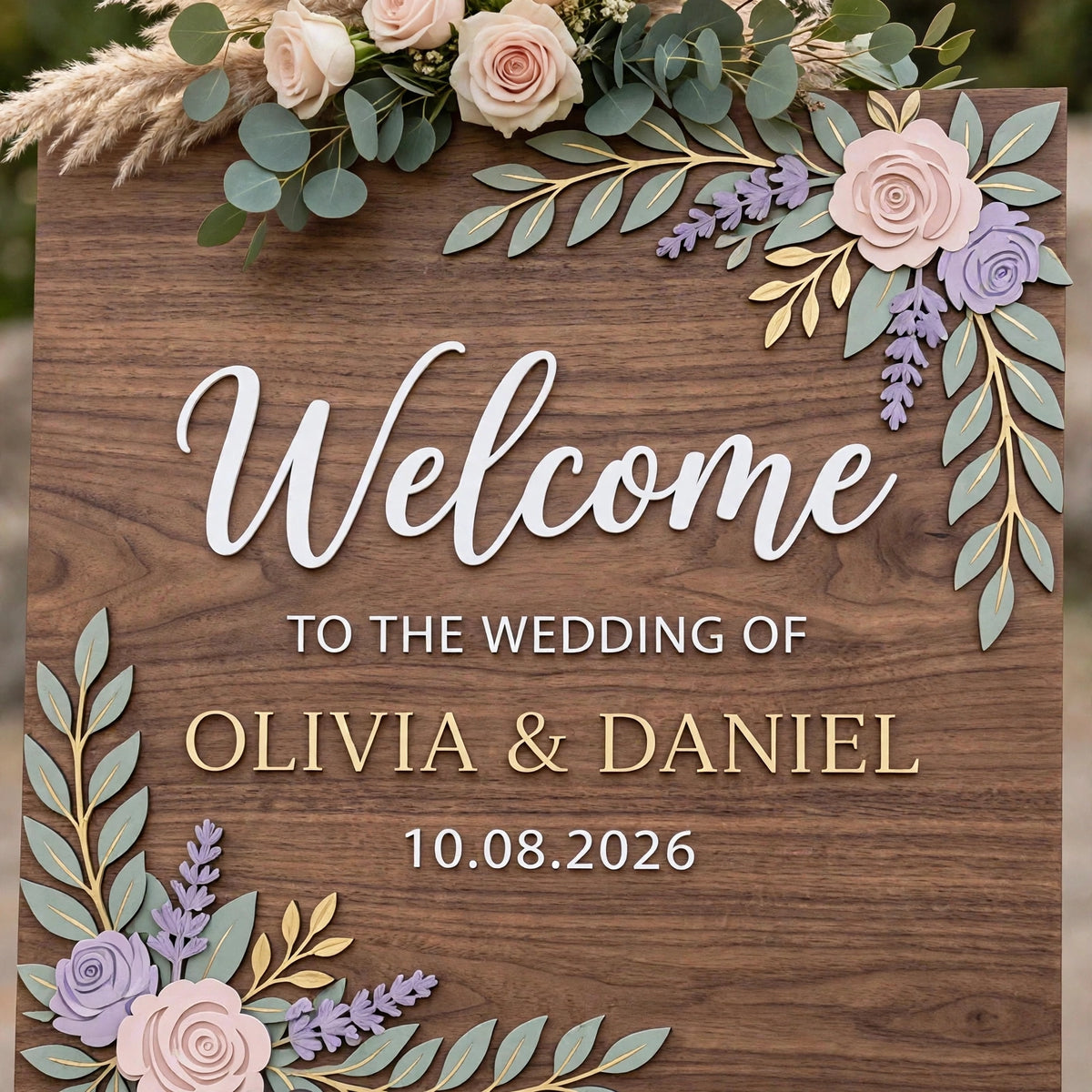Rustic Wedding Welcome Sign, Personalized Wooden Board, Lavender Blush Rose Floral Decor