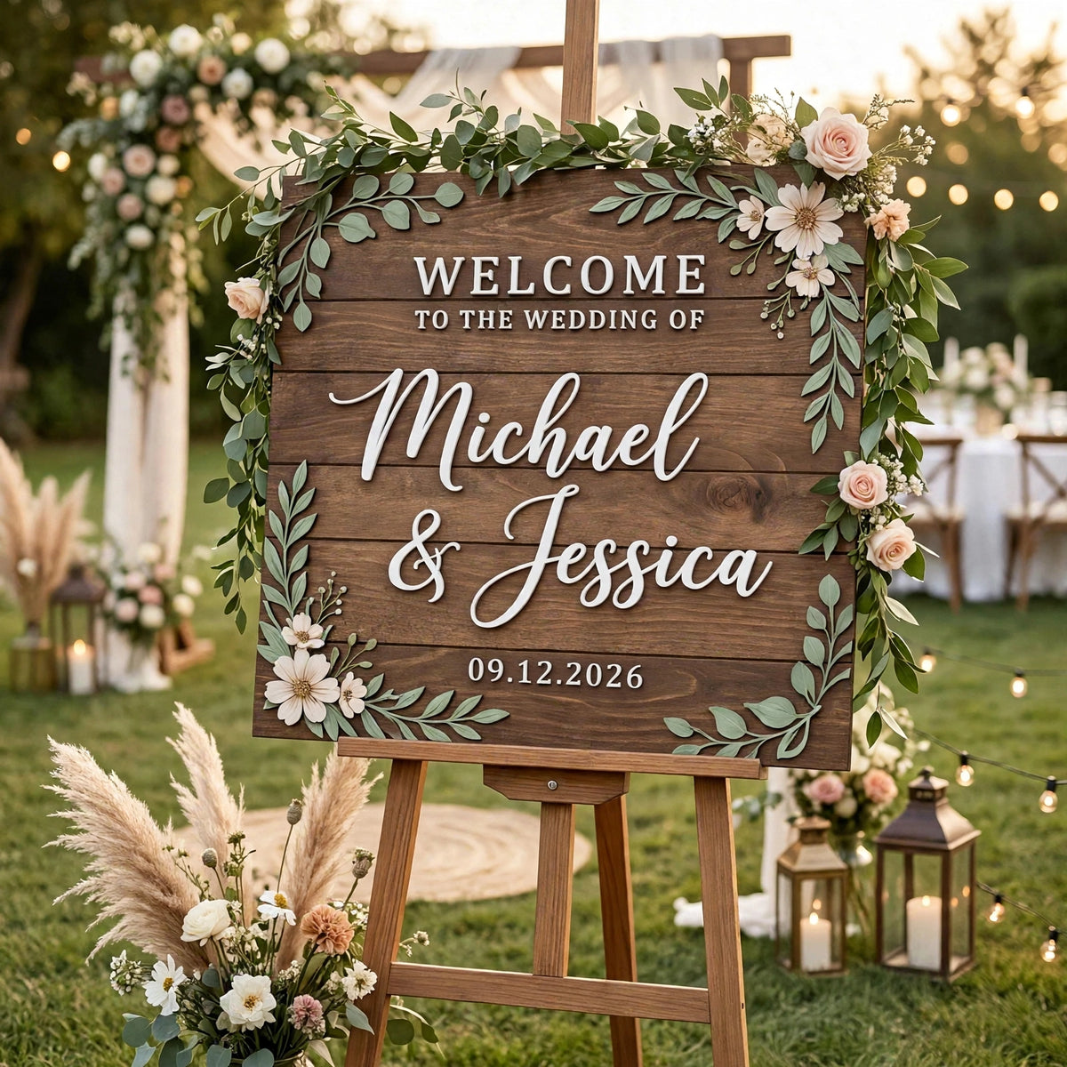 Rustic Wedding Welcome Sign, Personalized Wooden Board, Ivory Flower Plaque