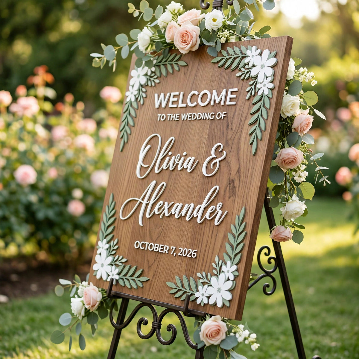Rustic Wedding Welcome Sign, Personalized Wooden Board, White Floral Decor