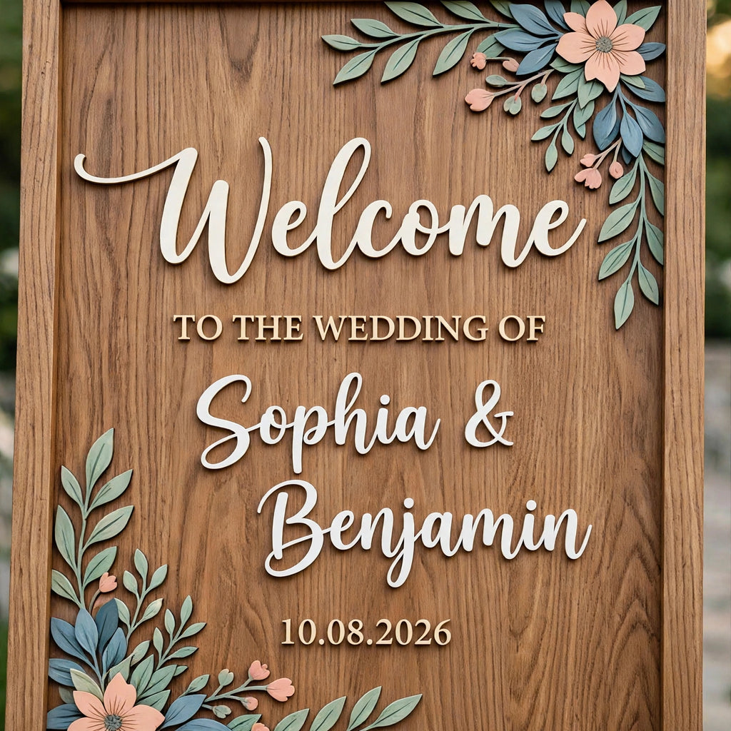 Rustic Wedding Welcome Sign, Personalized Wooden Board, Peach Blue Flower Decor