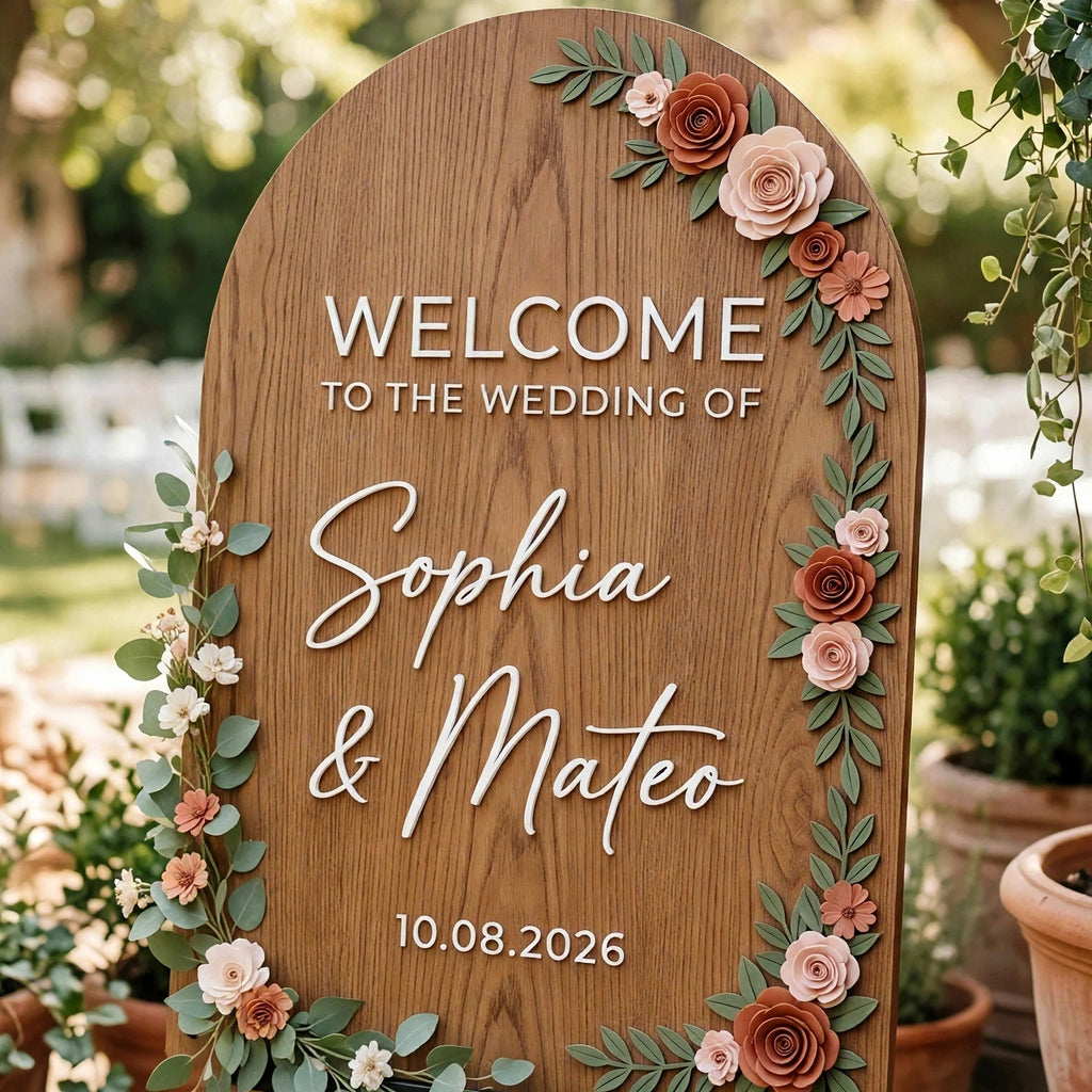 Rustic Wedding Welcome Sign, Personalized Wood Board, Terracotta Floral Decor