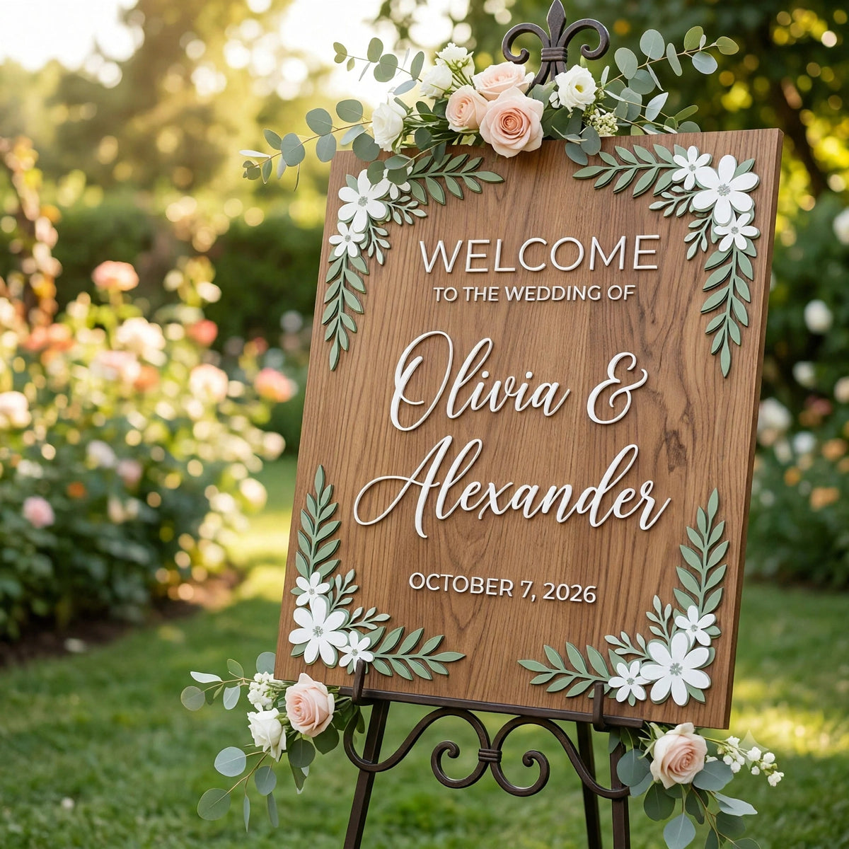 Rustic Wedding Welcome Sign, Personalized Wooden Board, White Floral Decor