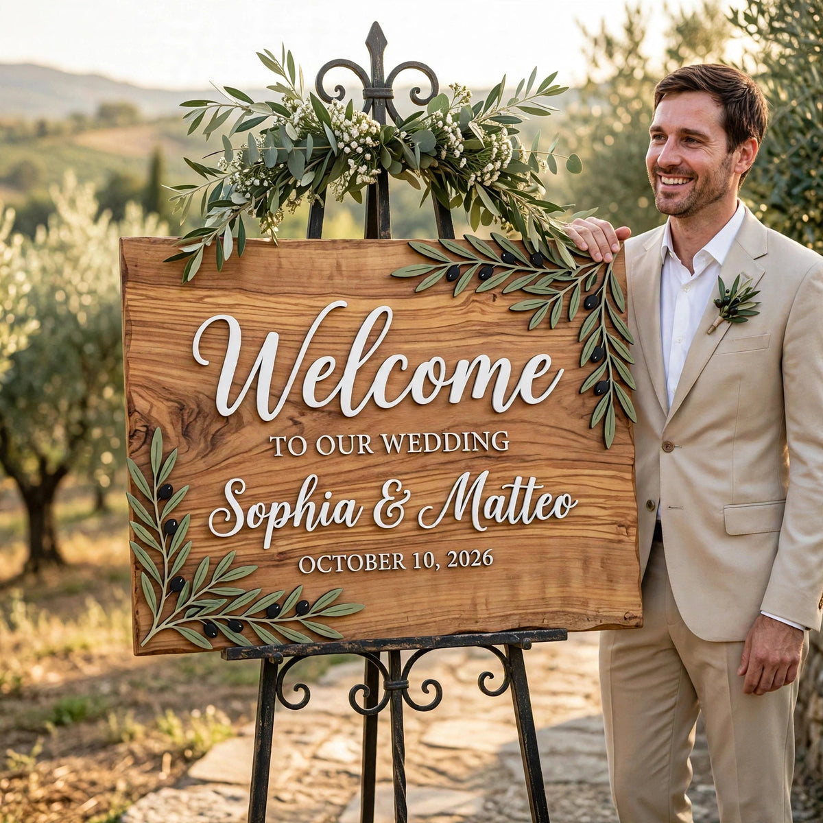 Rustic Wedding Welcome Sign, Personalized Wooden Board, Olive Branch Decor