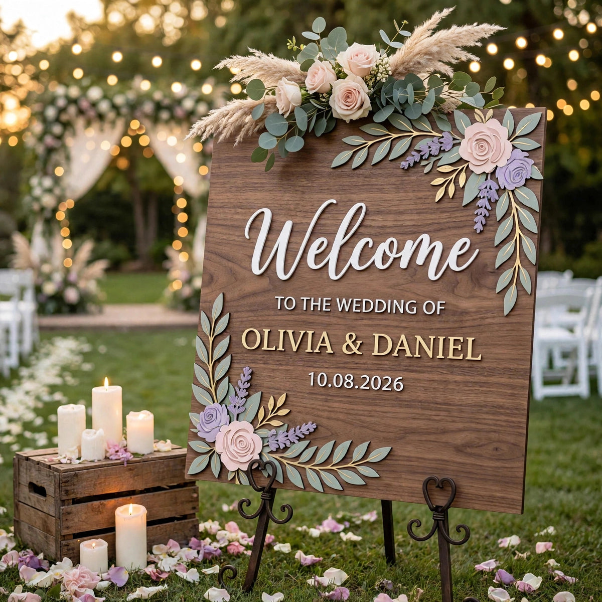 Rustic Wedding Welcome Sign, Personalized Wooden Board, Lavender Blush Rose Floral Decor